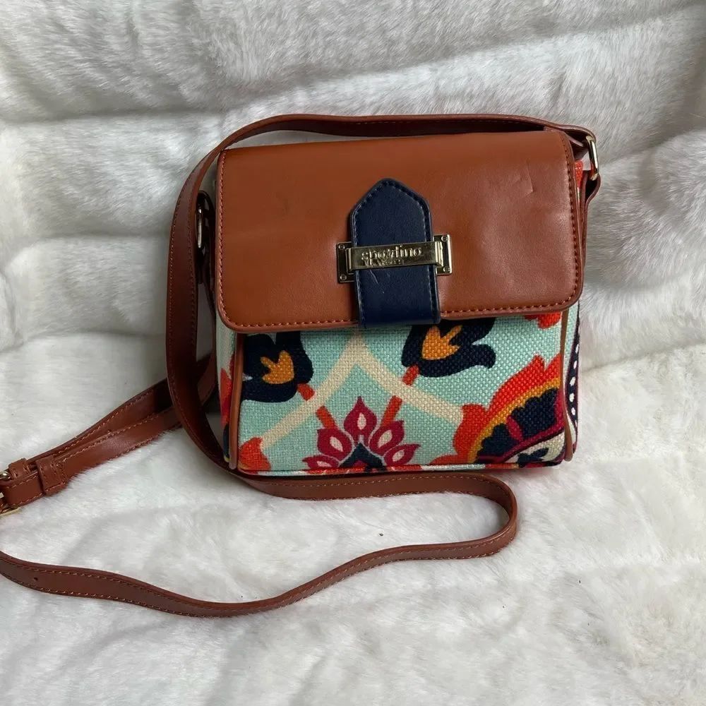 Spartina 449 floral textile and brown leather crossbody bag with tone ac…